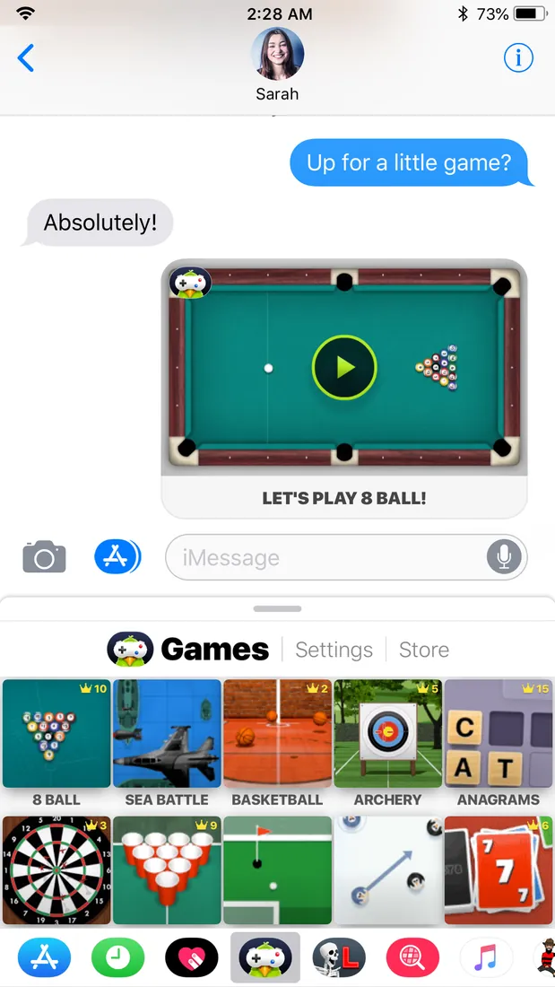 An iMessage chat where one person asks “Up for a little game?”, the other replies “Absolutely!”, and an 8-ball game invite sits above the GamePigeon game picker.