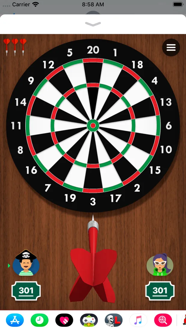 A GamePigeon darts match inside iMessage, with a dartboard and both players’ scores at 301.