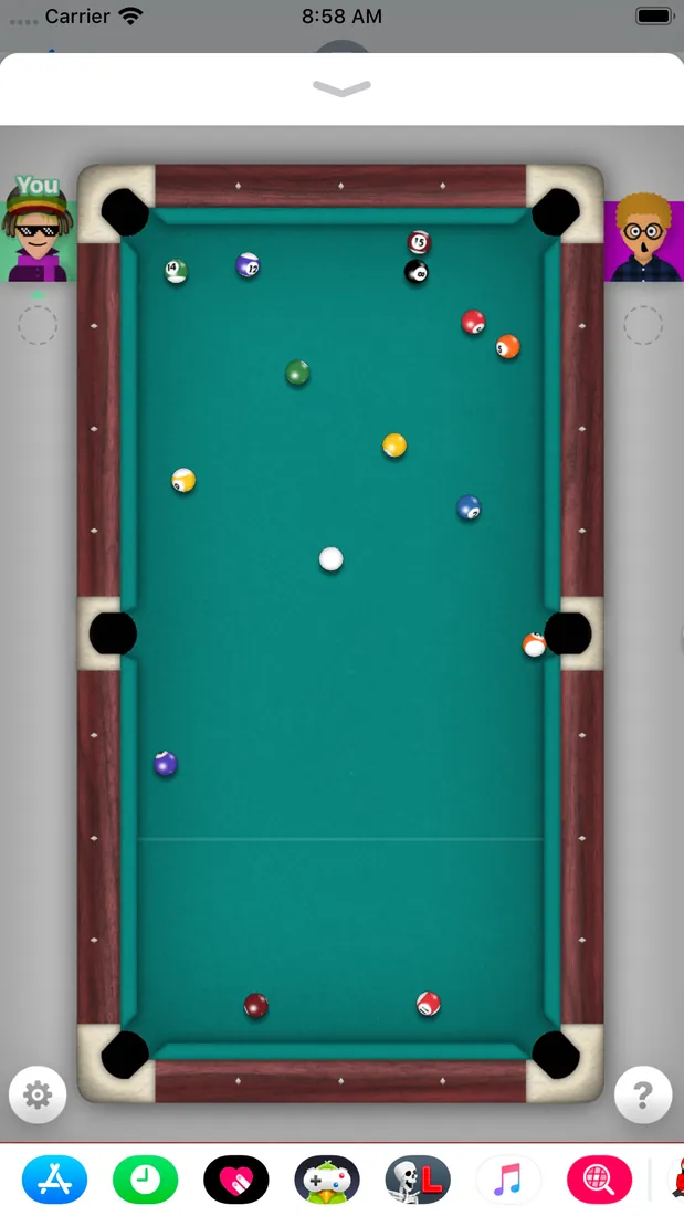 A GamePigeon 8-ball game inside iMessage, viewed from above on a green pool table.