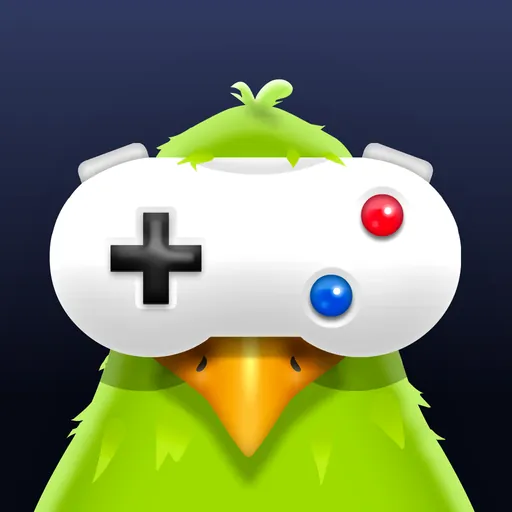 GamePigeon app icon: a green bird wearing a white game controller on its head against a dark navy background.