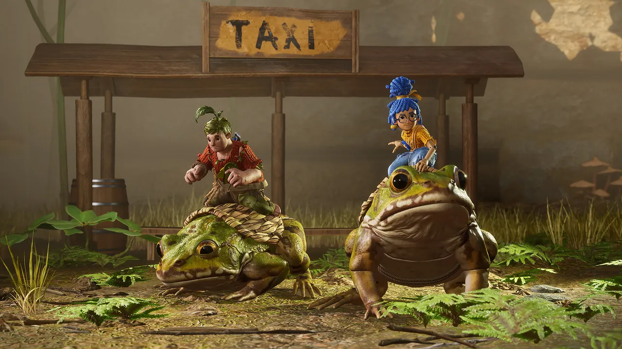 Cody and May, the two playable characters in It Takes Two, each riding a giant frog in front of a wooden sign that reads “Taxi”.