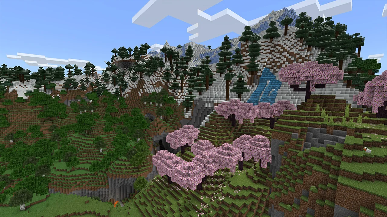A Minecraft landscape of blocky hills covered in pine trees and pink cherry blossom trees under a blue sky.
