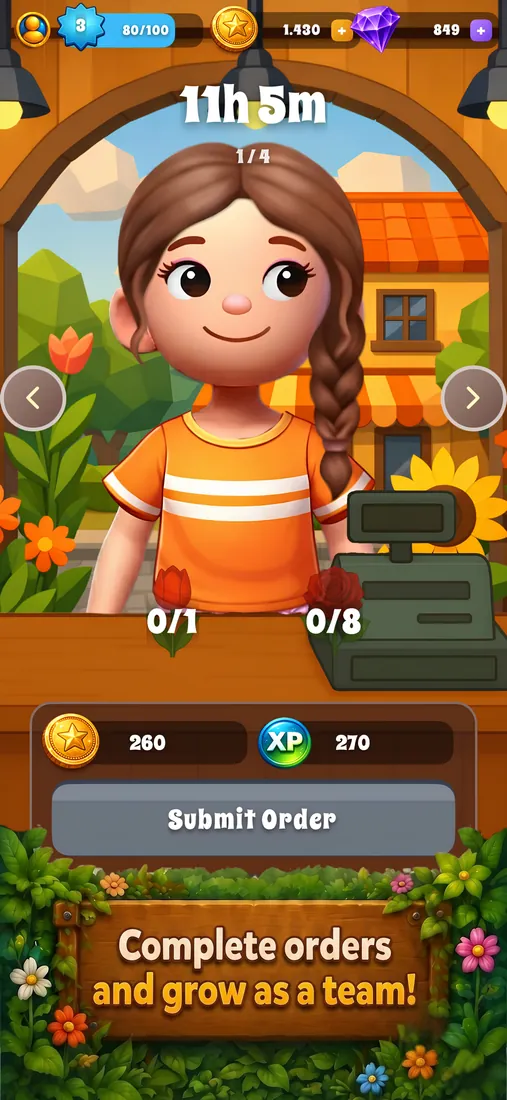 A flower order screen with a smiling customer at the shop counter, a Submit Order button and the caption “Complete orders and grow as a team!”.