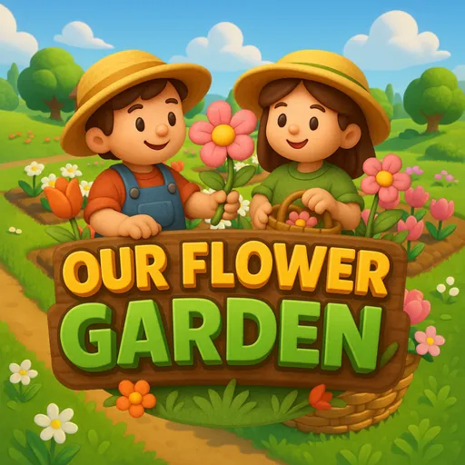 Our Flower Garden app icon: a smiling couple in straw hats holding flowers above a wooden sign with the game’s name.