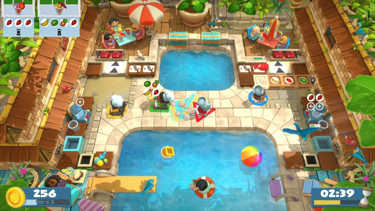 Top-down view of a poolside kitchen in Overcooked! All You Can Eat, with chefs working at counters that wrap around two swimming pools.