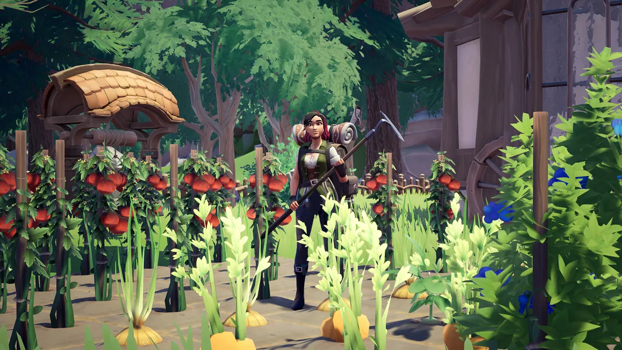A Palia player holding a long farming tool in a vegetable garden full of tomato plants, leafy greens and orange root vegetables.