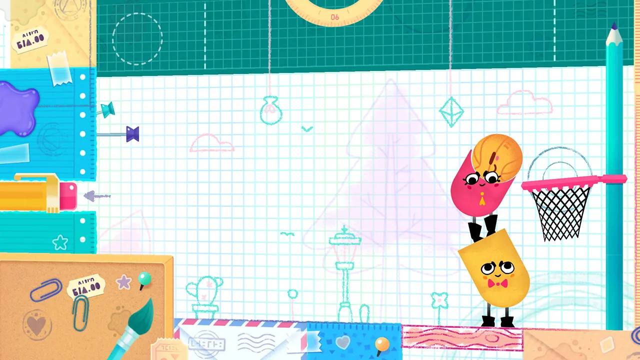 Snipperclips characters Clip and Snip stacked on top of each other so Clip can carry a ball toward a basketball hoop on a graph-paper background.