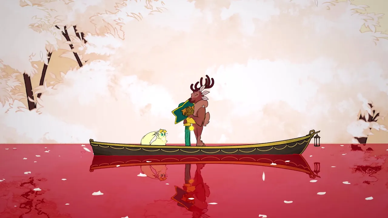 Stella and her cat Daffodil in a small canoe with Gwen, a deer spirit, on still red water beneath pale pink trees.