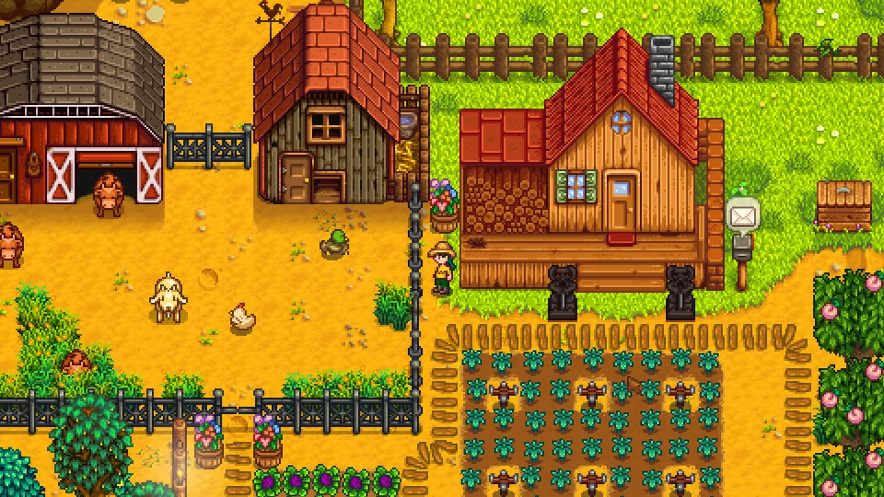 A Stardew Valley farm in summer: a wooden farmhouse with a red roof, a barn and coop, chickens and a cow in the yard, and neat rows of crops with scarecrows.